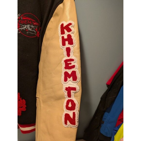 Mens Varsity Leather Jacket Khiemton Humble Tan Black Large - Picture 6 of 10